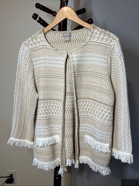 Chico's Cream and White Fringe Knit Open-Front Sweater Jacket